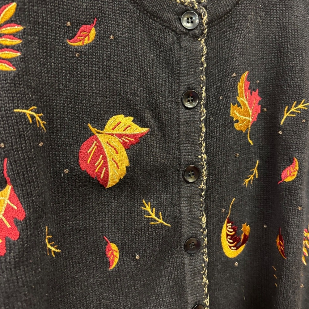 Christopher & Banks Vintage Hand Embroidered Leaf Cardigan Navy Blue Large Fall - Picture 4 of 8